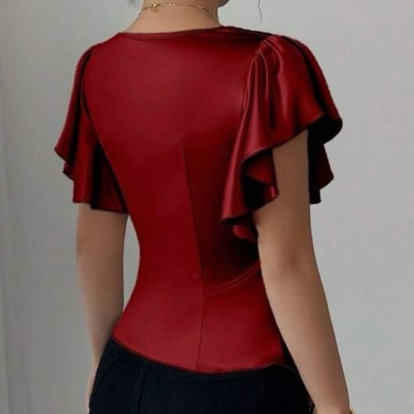SHEIN Satin Cowl Neck Flutter Sleeve Top - Wine Red NWOT - Picture 2 of 2